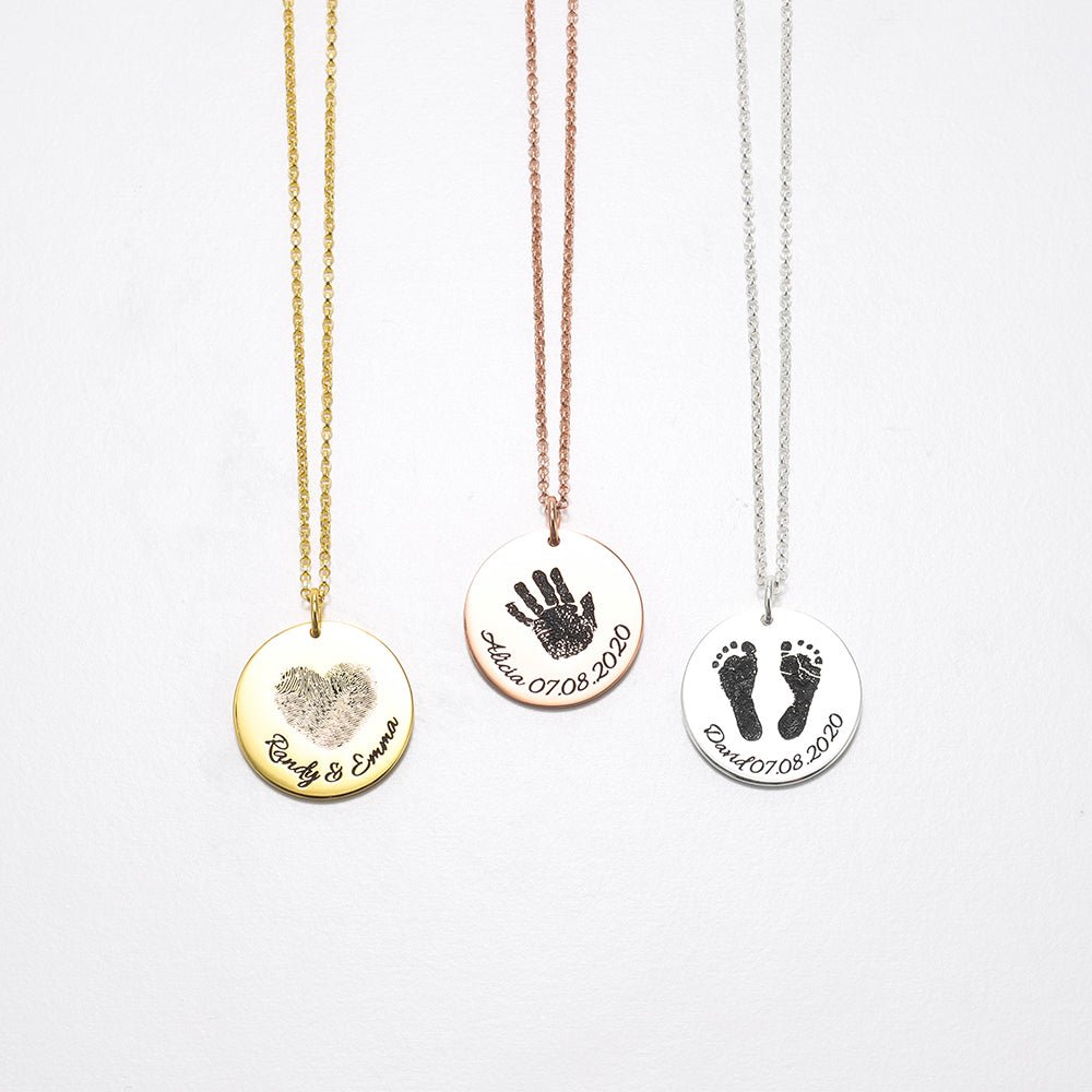 Personalized fingerprint/footprints necklace, 22mm sterling silver disc pendant, 16-22 inch, 5.2g.