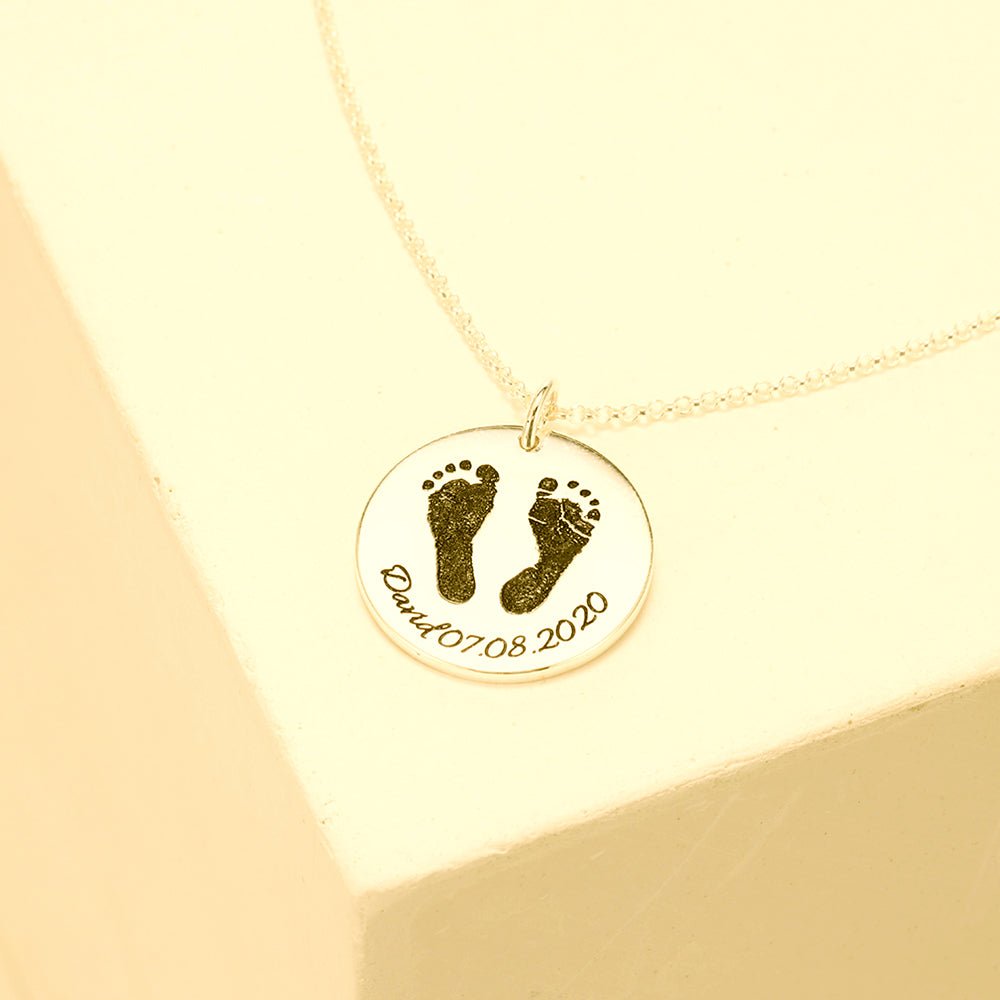 Personalized fingerprint/footprints necklace, 22mm sterling silver disc pendant, 16-22 inch, 5.2g.