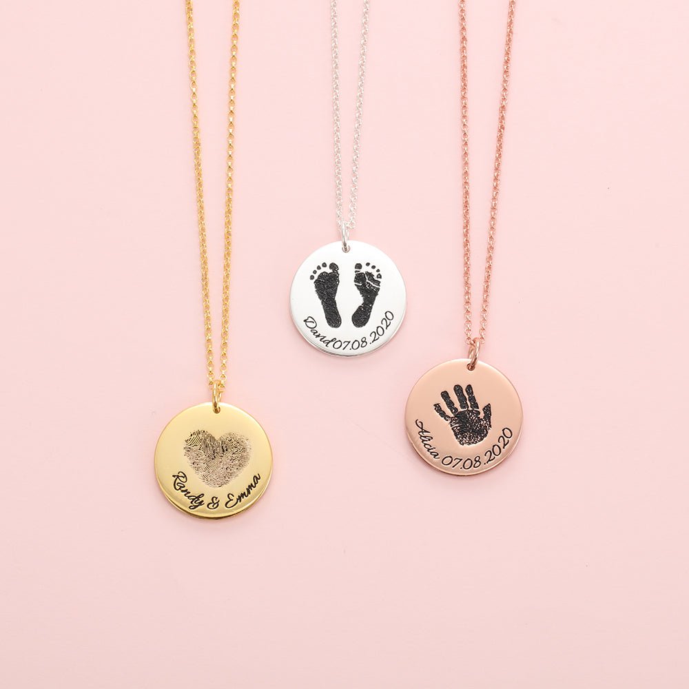 Personalized fingerprint/footprints necklace, 22mm sterling silver disc pendant, 16-22 inch, 5.2g.