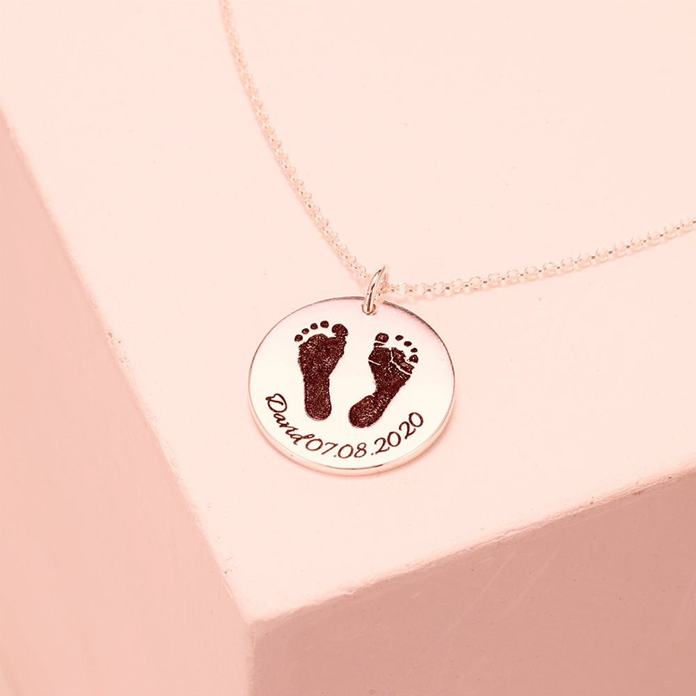 Personalized fingerprint/footprints necklace, 22mm sterling silver disc pendant, 16-22 inch, 5.2g.