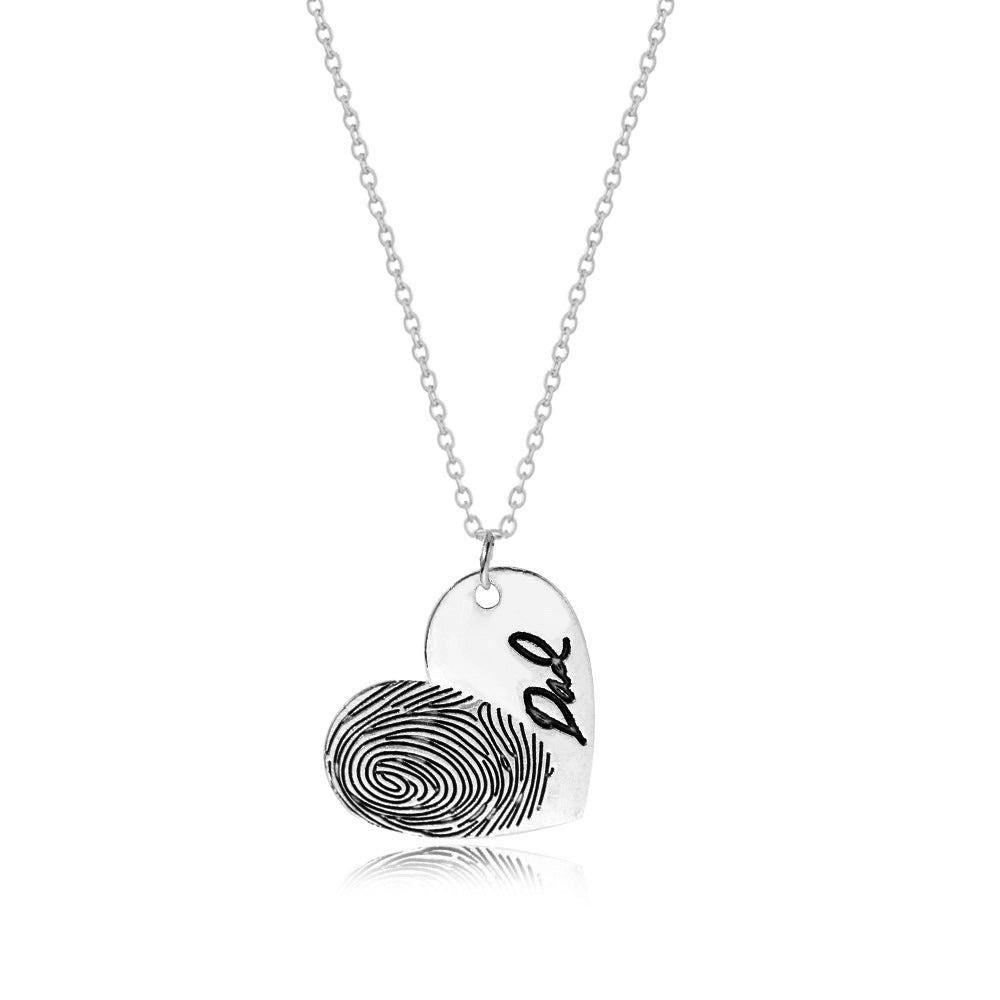 Sterling silver fingerprint heart necklace, 25mm pendant, personalized with name & print, 16-22” chain.
