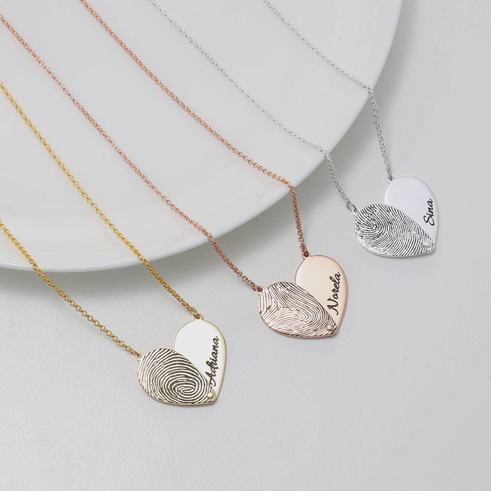 Sterling silver fingerprint heart necklace, 25mm pendant, personalized with name & print, 16-22” chain.