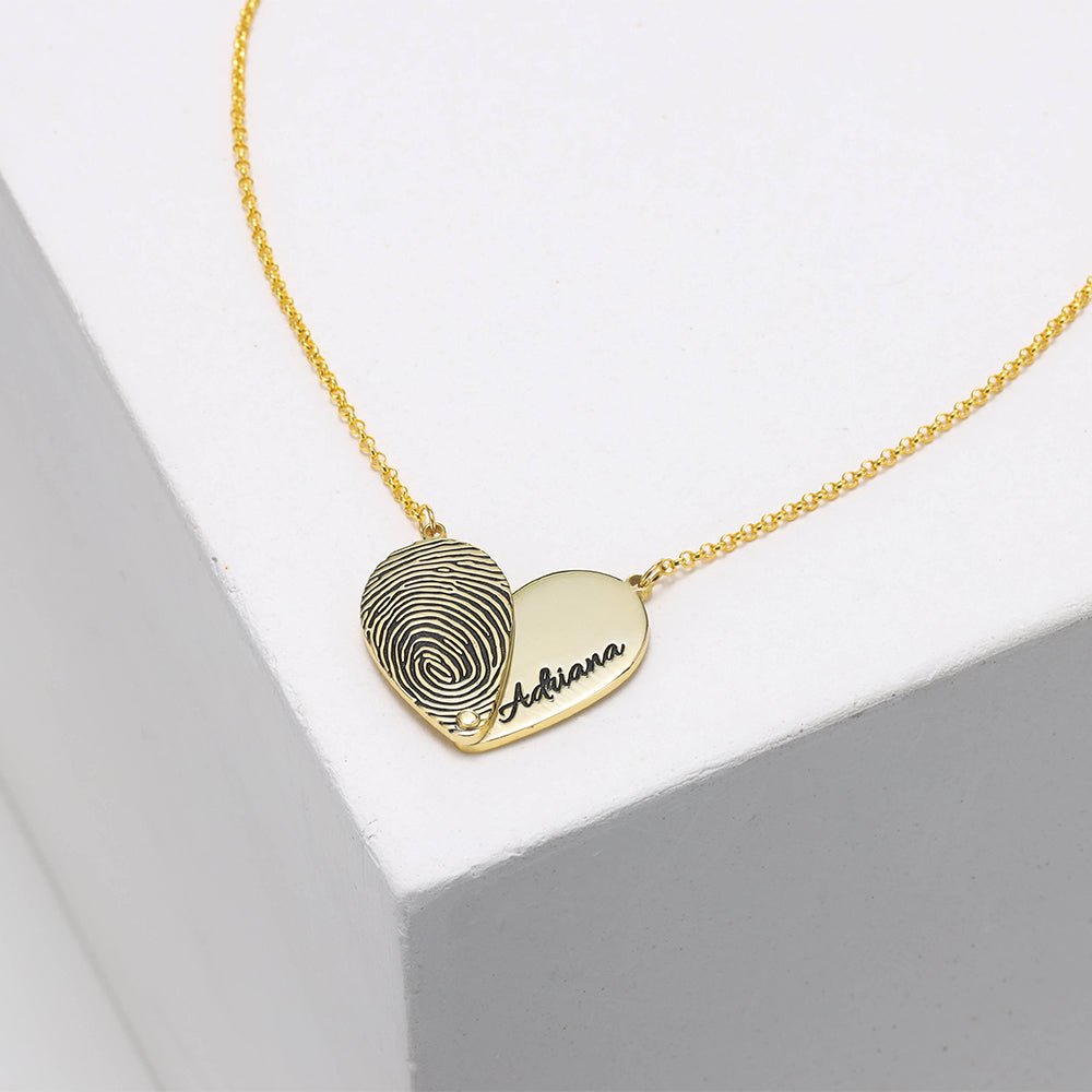 Sterling silver fingerprint heart necklace, 25mm pendant, personalized with name & print, 16-22” chain.
