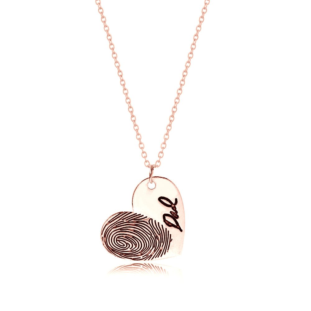 Sterling silver fingerprint heart necklace, 25mm pendant, personalized with name & print, 16-22” chain.