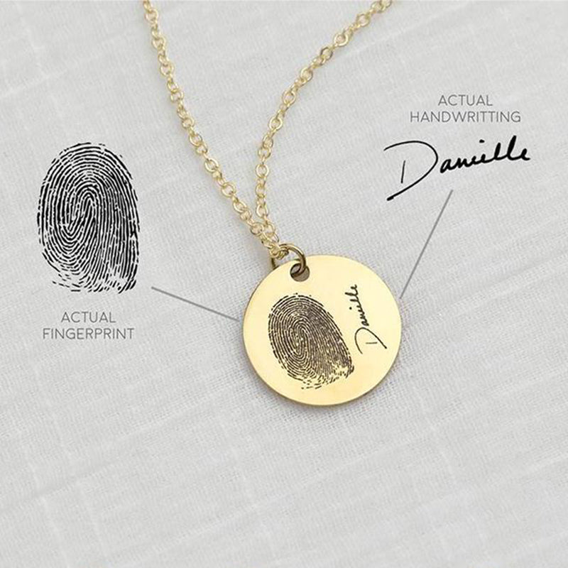 Personalized sterling silver fingerprint necklace, custom engraving, available in small/large sizes.
