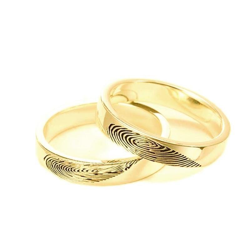 Personalized fingerprint rings in white gold, gold, or rose gold plated, 4mm width, 3g.