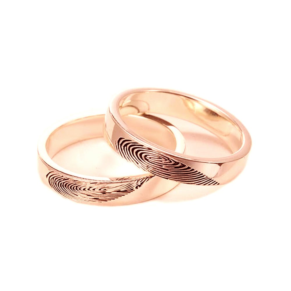 Personalized fingerprint rings in white gold, gold, or rose gold plated, 4mm width, 3g.