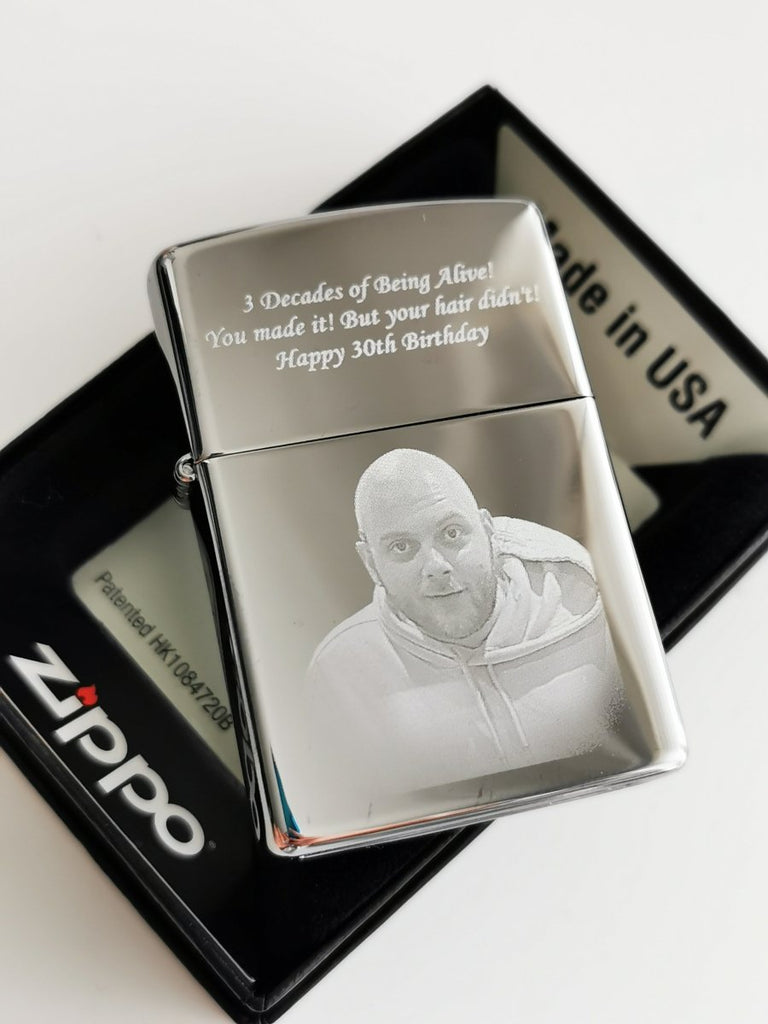 Personalized Zippo lighter, engraved with custom photo & text, ideal Father's Day gift or keepsake.