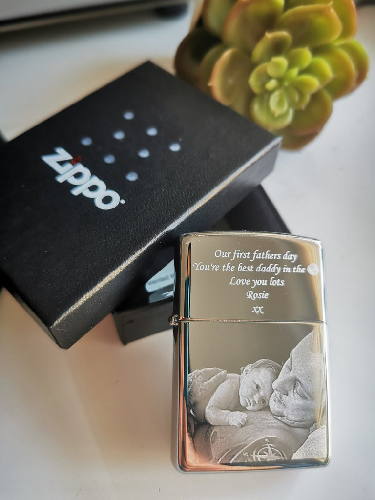 Personalized Zippo lighter, engraved with custom photo & text, ideal Father's Day gift or keepsake.