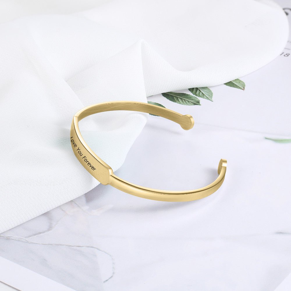 Personalized gold plated stainless steel bangle bracelet, unisex, 15.5cm, 10.3g weight.