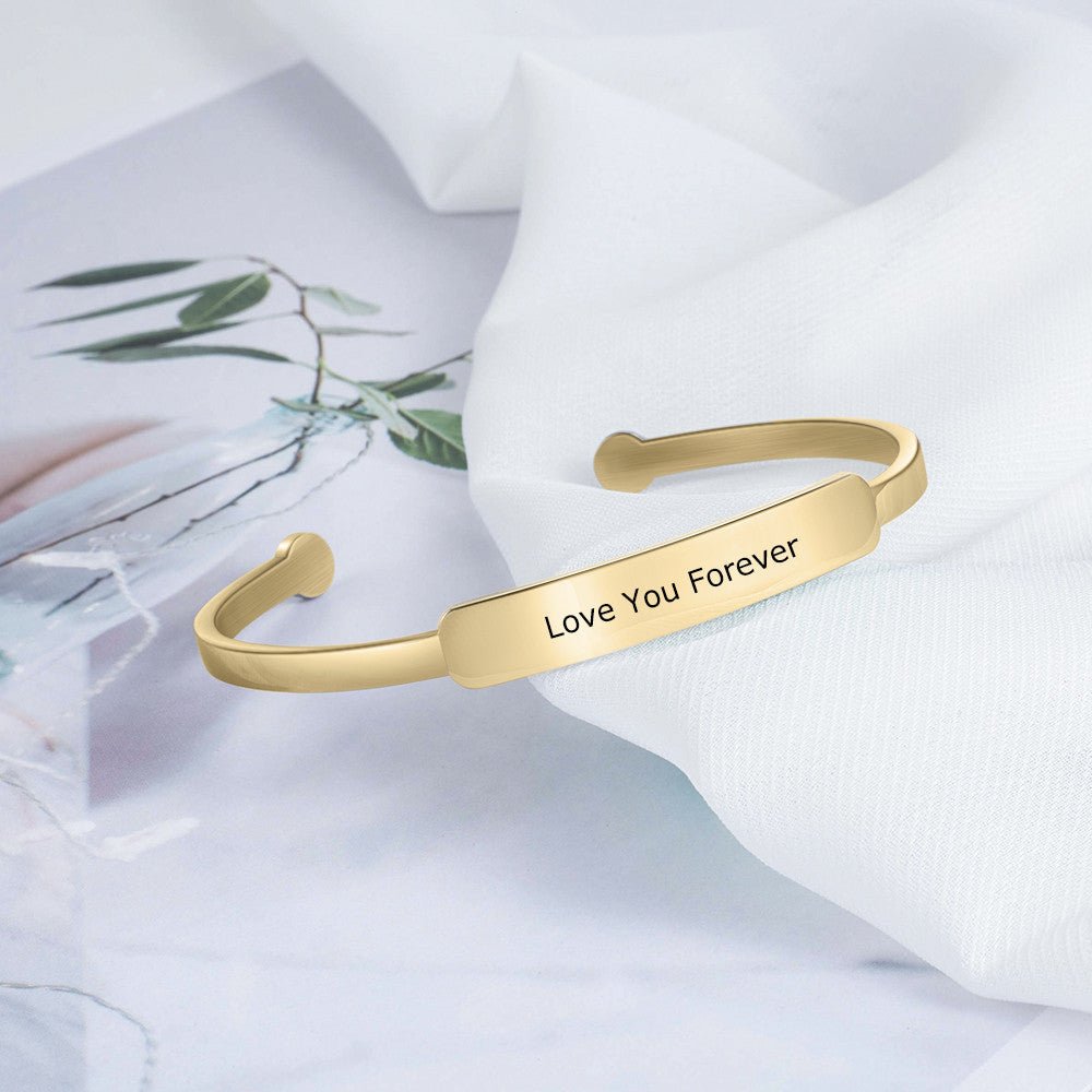Personalized gold plated stainless steel bangle bracelet, unisex, 15.5cm, 10.3g weight.