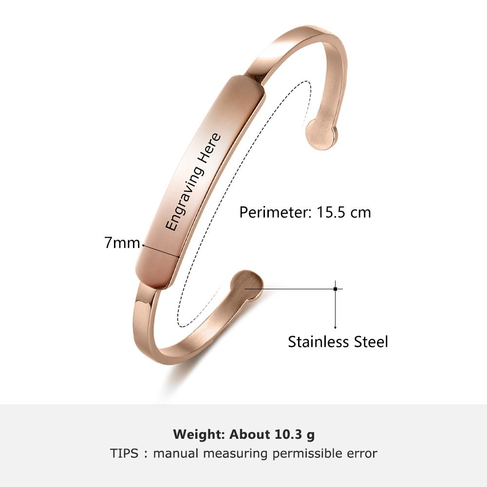 Personalized gold plated stainless steel bangle bracelet, unisex, 15.5cm, 10.3g weight.