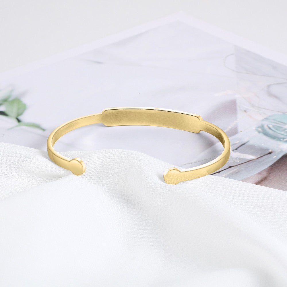 Personalized gold plated stainless steel bangle bracelet, unisex, 15.5cm, 10.3g weight.