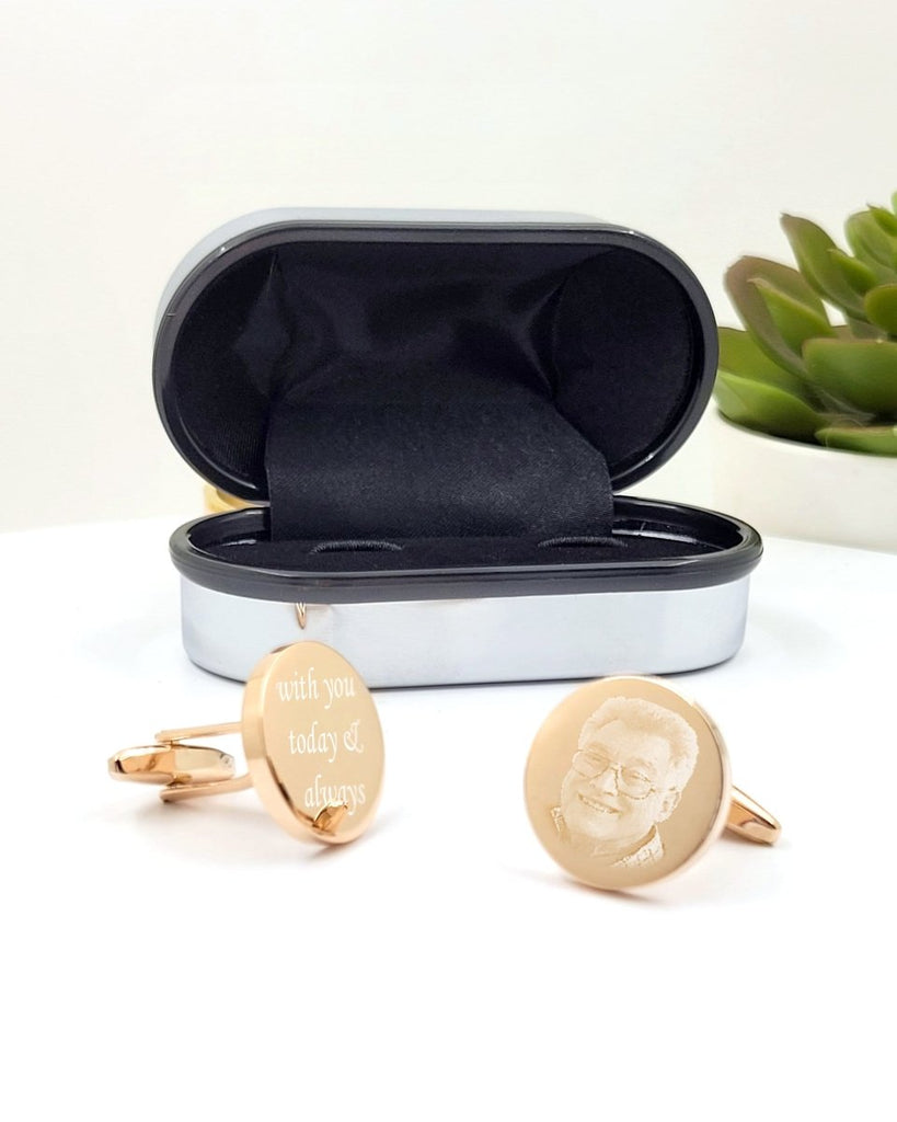 Gold Cufflinks Photo Engraved in Personalised Chrome Case | Best Man Gift | Father Of Groom | Gift For Dad | Groom Cuff Links - Engraved Memories