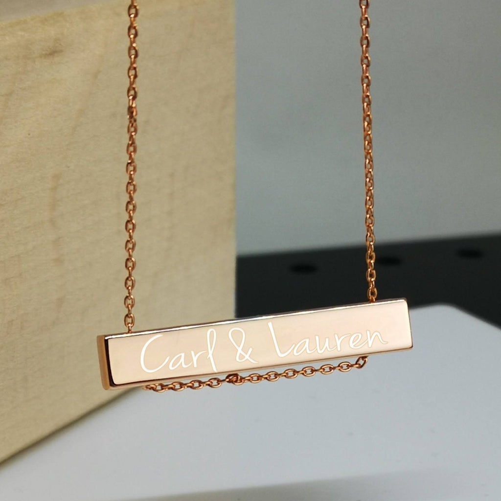 Personalized rose gold name bar pendant necklace, engraved with date or message, perfect for Mother's Day.