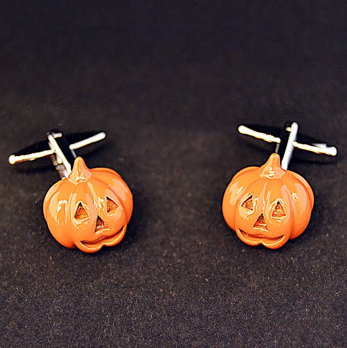 Pumpkin-shaped Halloween cufflinks, Jack O Lantern design, luxury chrome box, perfect party gift.