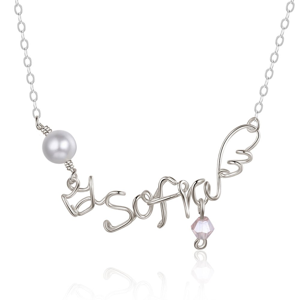 Personalized silver wire name necklace, white gold plated, 39x14mm, 2.7g, perfect custom gift.