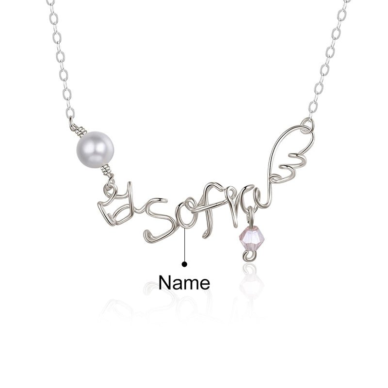Personalized silver wire name necklace, white gold plated, 39x14mm, 2.7g, perfect custom gift.