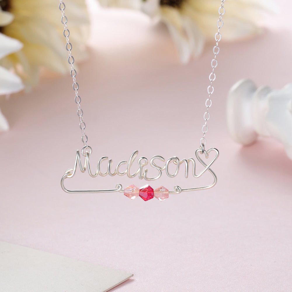 Handmade Name Necklace, Silver Wire Personalised Name Necklace with Birthstone - Engraved Memories