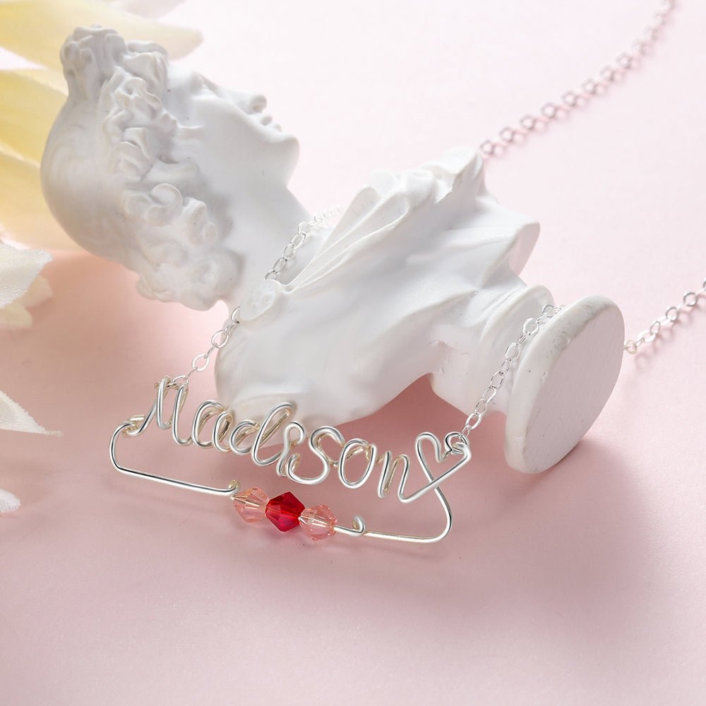 Personalized silver wire name necklace with birthstone, white gold plated, multiple lengths, 2.6g