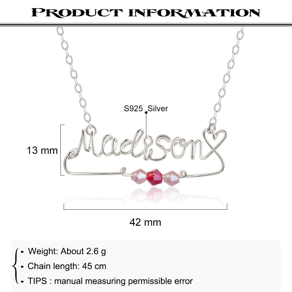 Personalized silver wire name necklace with birthstone, white gold plated, multiple lengths, 2.6g