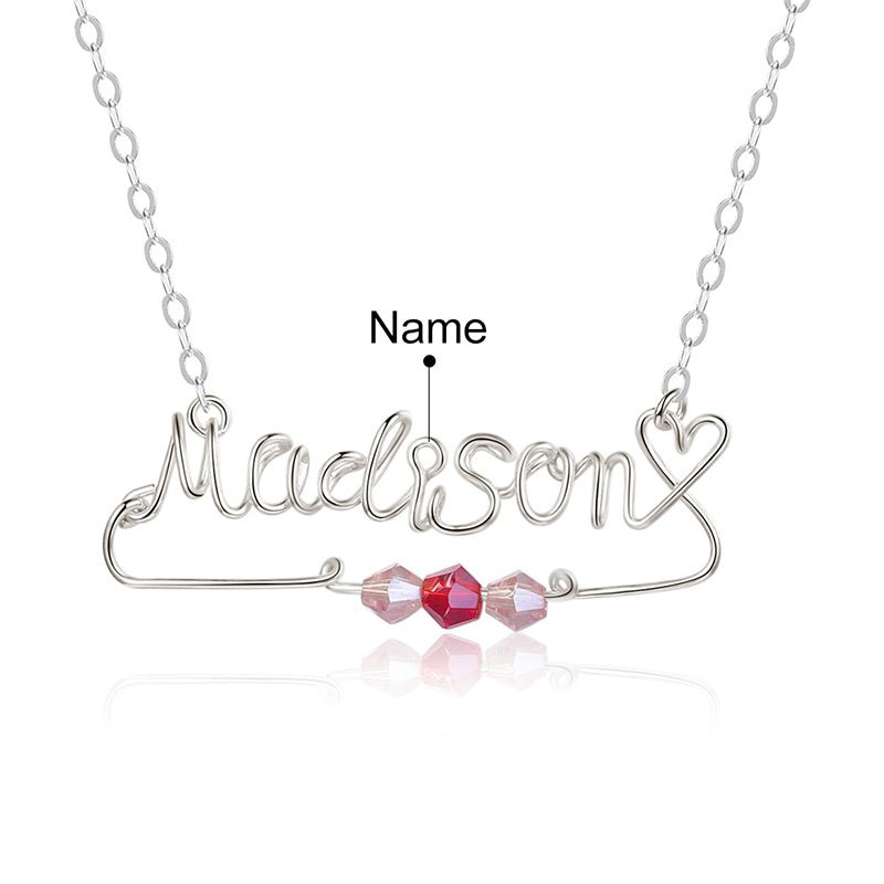 Handmade Name Necklace, Silver Wire Personalised Name Necklace with Birthstone - Engraved Memories