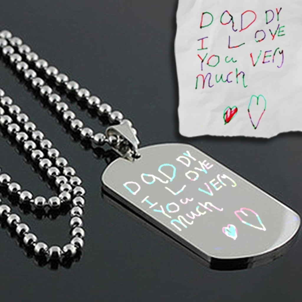 Stainless steel dog tag necklace for men, custom engraved with photo or handwriting, 22mm x 36mm, includes free ball chain and velvet pouch.