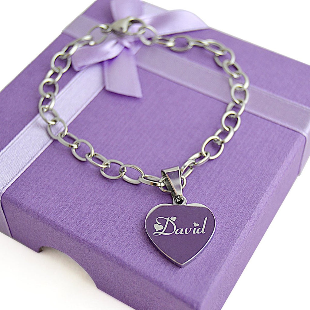 Personalized heart charm bracelet, photo and text engravable, 19cm stainless steel chain, lobster clasp, comes in velvet pouch or gift box.