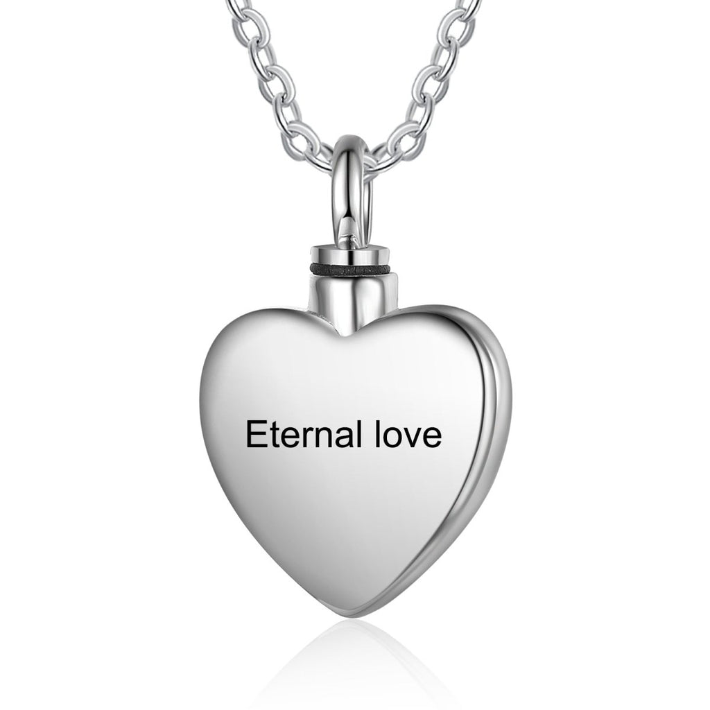 Stainless steel heart cremation necklace with hummingbird design, 45cm chain, holds ashes, 17.7g.