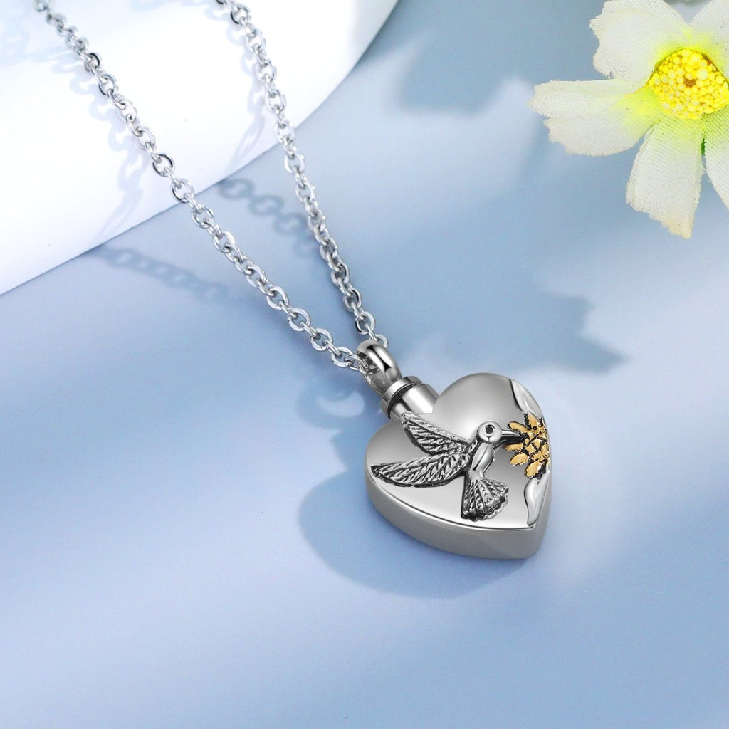 Heart Cremation Pendant, Ashes Necklace with Hummingbird Design, Memorial Necklace - Engraved Memories