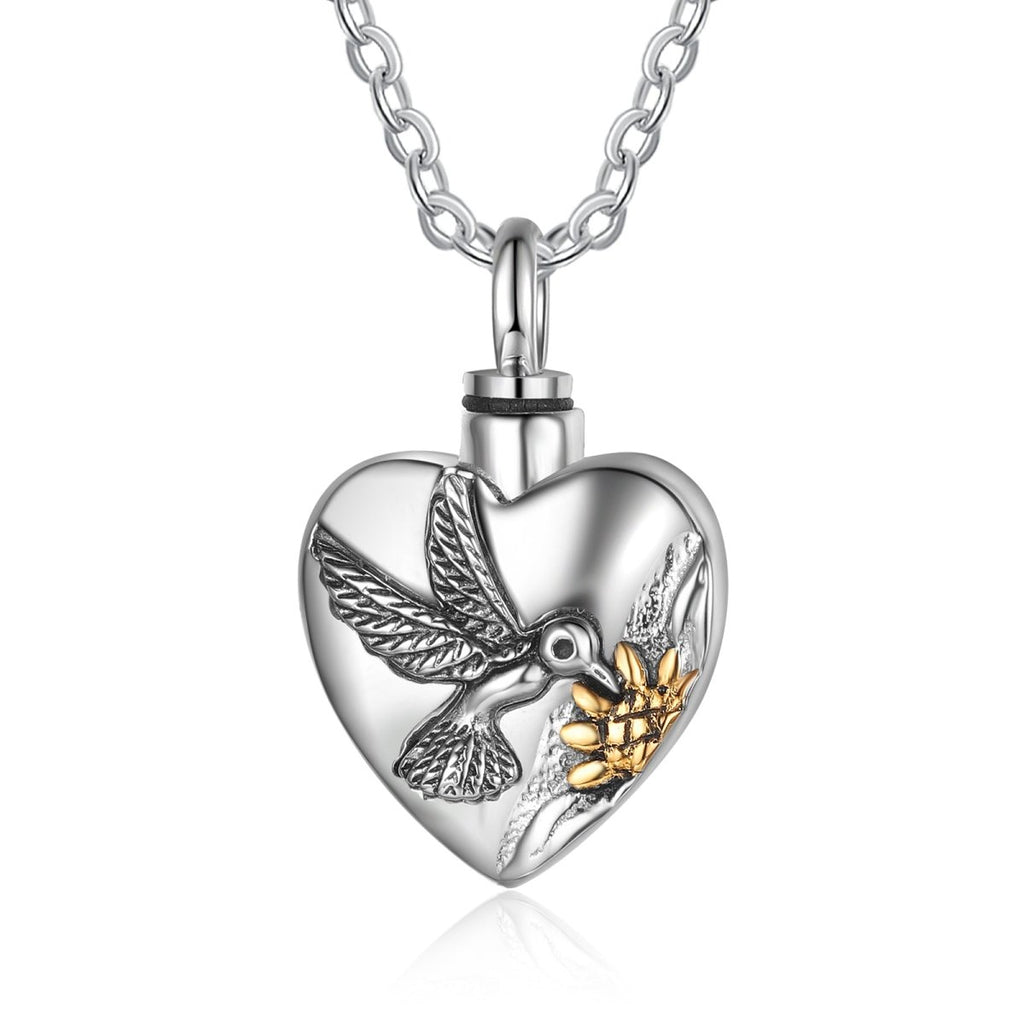 Heart Cremation Pendant, Ashes Necklace with Hummingbird Design, Memorial Necklace - Engraved Memories