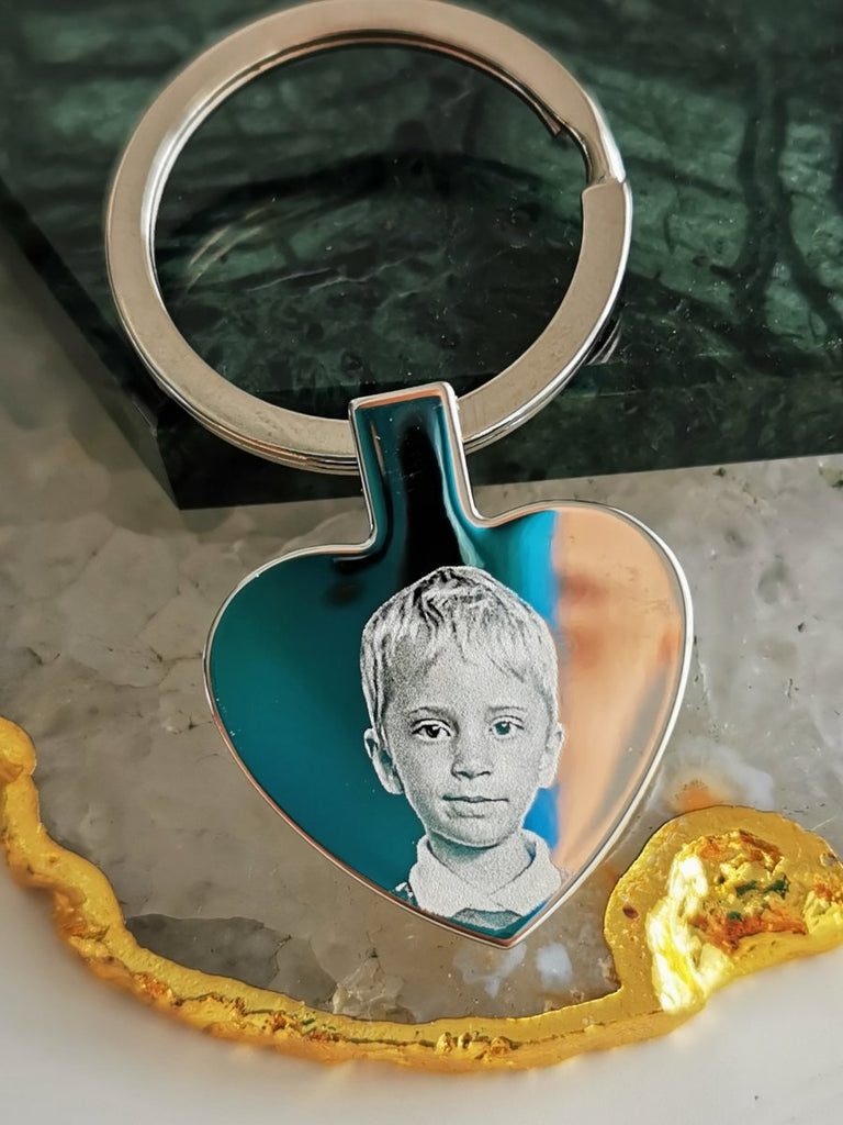 Stainless steel heart keyring, personalised photo and text engraving on both sides, anniversary gift.