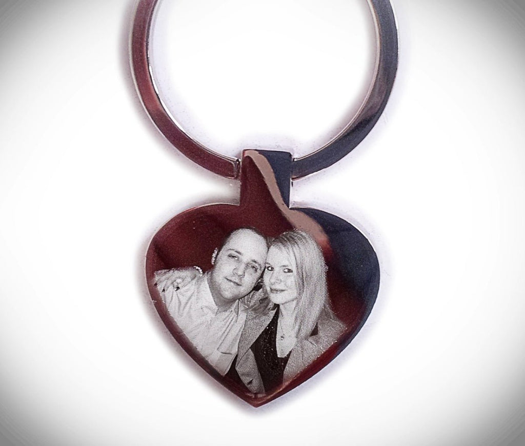 Stainless steel heart keyring, personalised photo and text engraving on both sides, anniversary gift.