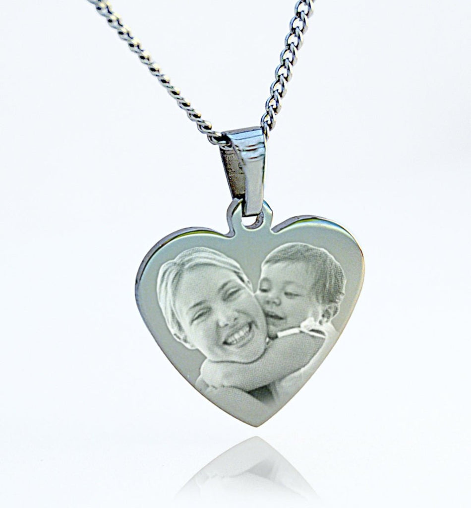 Stainless steel heart pendant necklace, 'I love you to the moon & back' engraved, 22" chain, custom engraving.