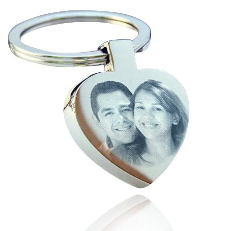 Stainless steel heart keyring, personalised photo and text engraving on both sides, anniversary gift.