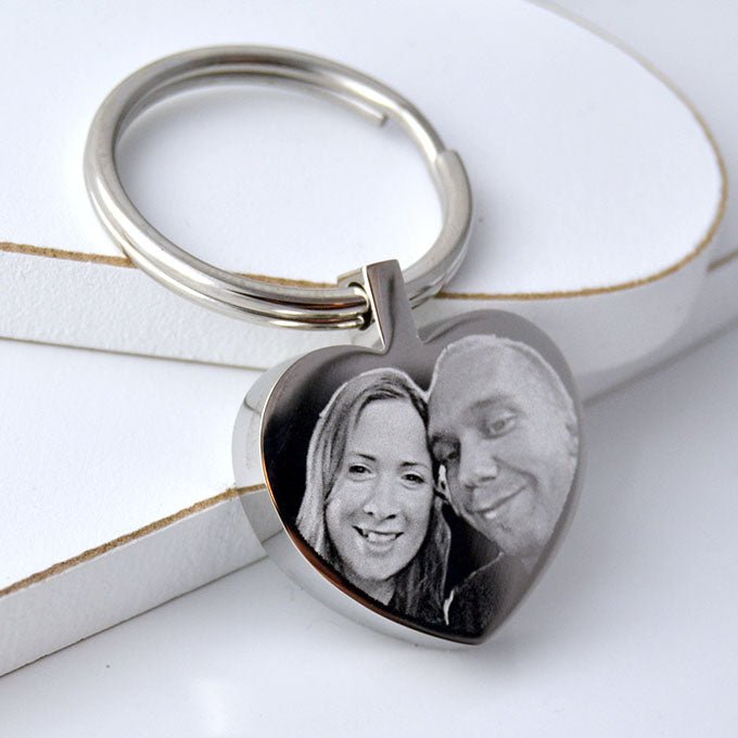 Stainless steel heart keyring, personalised photo and text engraving on both sides, anniversary gift.