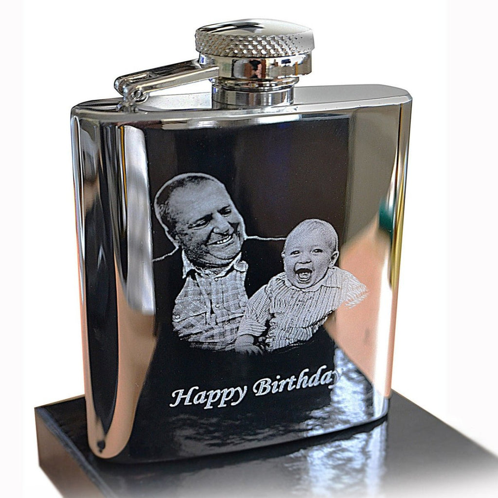Stainless steel 4oz hip flask, curved design, custom photo and text engraving, gift box, funnel included.