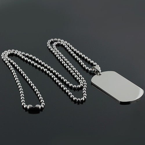 Personalized dog tag necklace, stainless steel, photo engraved, tarnish proof, 26mm x 45mm, includes ball chain.