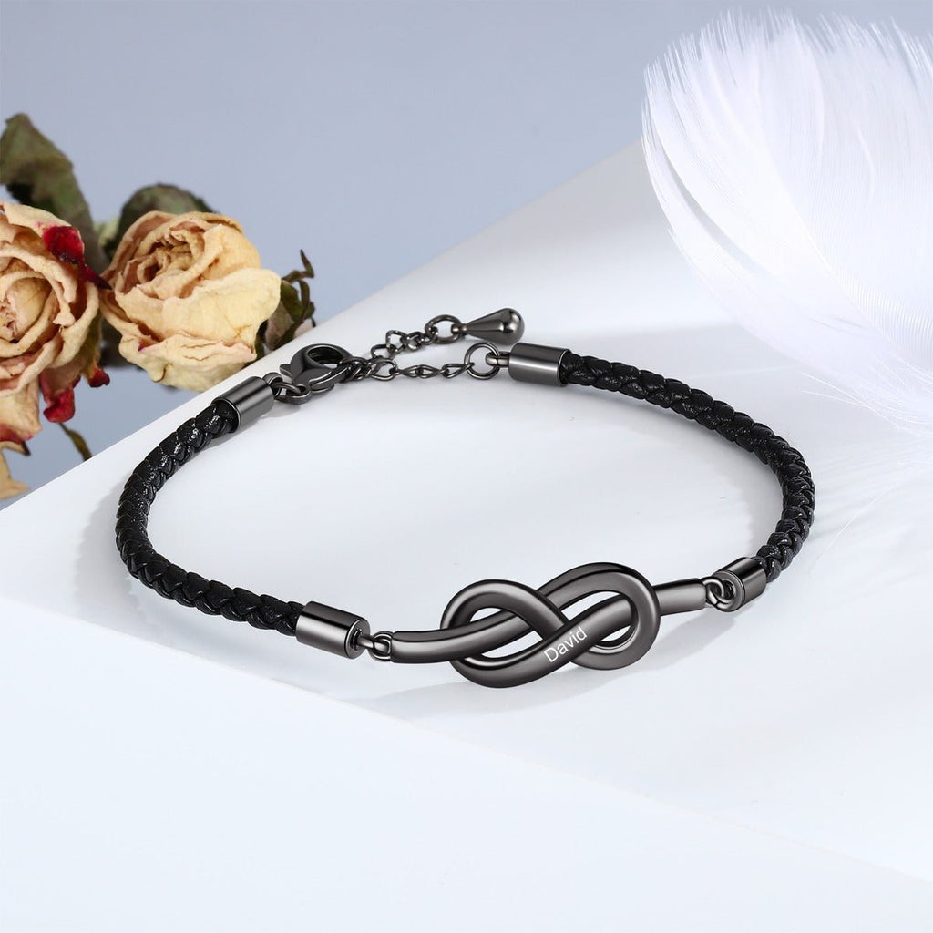 Adjustable infinity knot couple bracelet, personalized engraving, black/white, leather and copper, Valentine's gift.