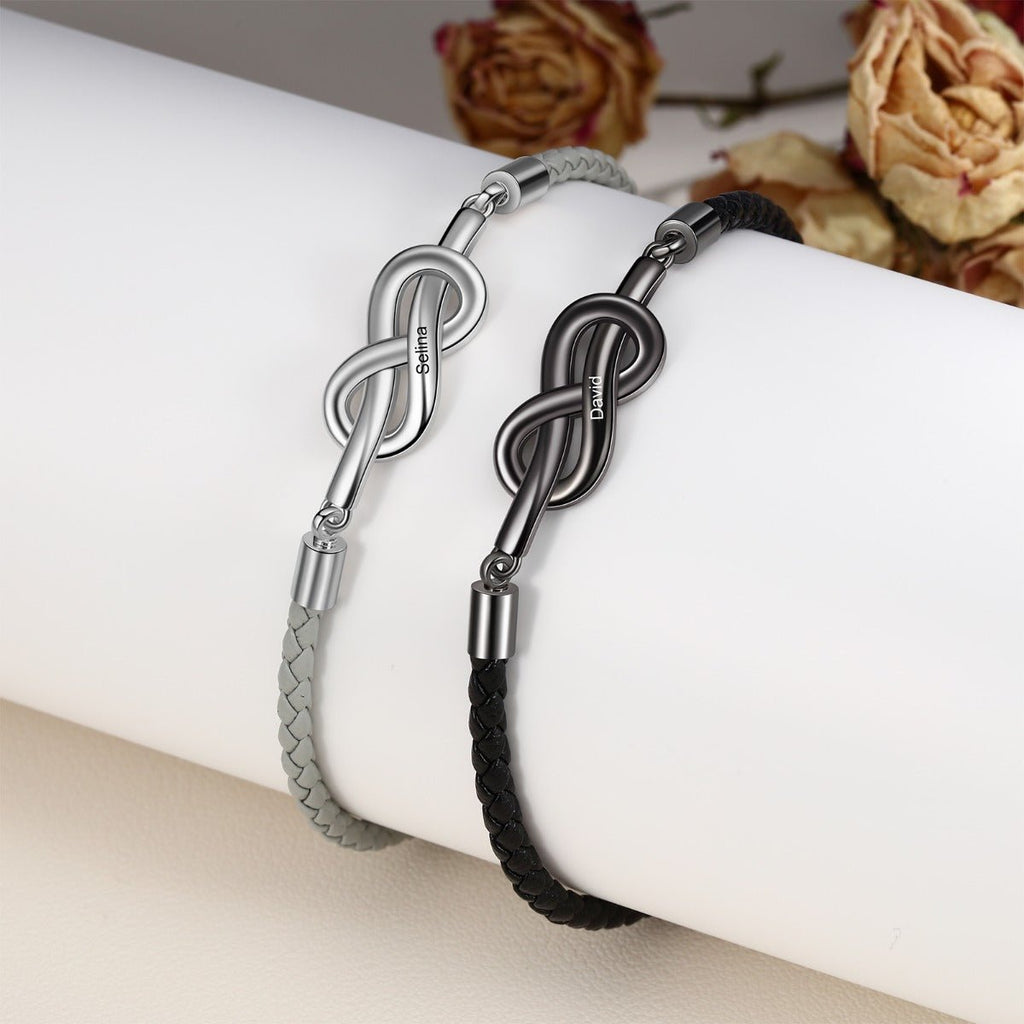 Adjustable infinity knot couple bracelet, personalized engraving, black/white, leather and copper, Valentine's gift.