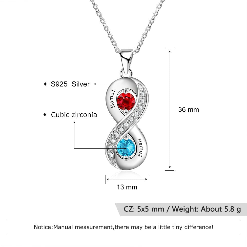 Personalised infinity necklace, 925 sterling silver, birthstone pendant, two names engraving, 45cm chain.