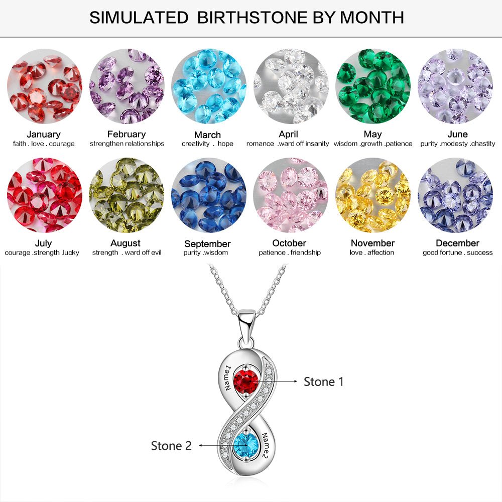 Personalised infinity necklace, 925 sterling silver, birthstone pendant, two names engraving, 45cm chain.