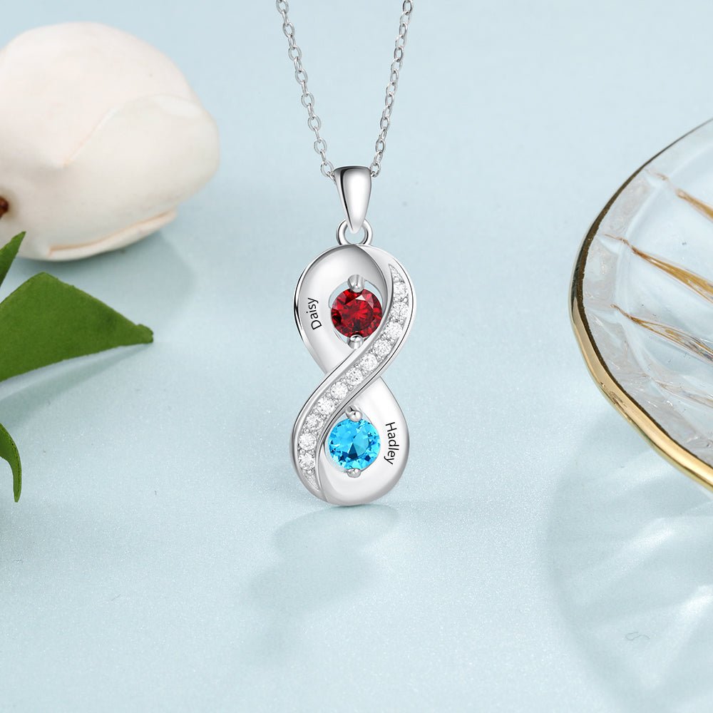 Personalised infinity necklace, 925 sterling silver, birthstone pendant, two names engraving, 45cm chain.