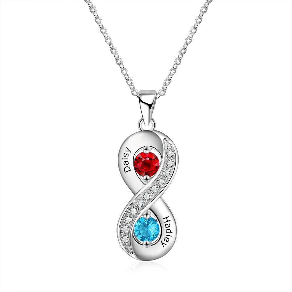 Personalised infinity necklace, 925 sterling silver, birthstone pendant, two names engraving, 45cm chain.