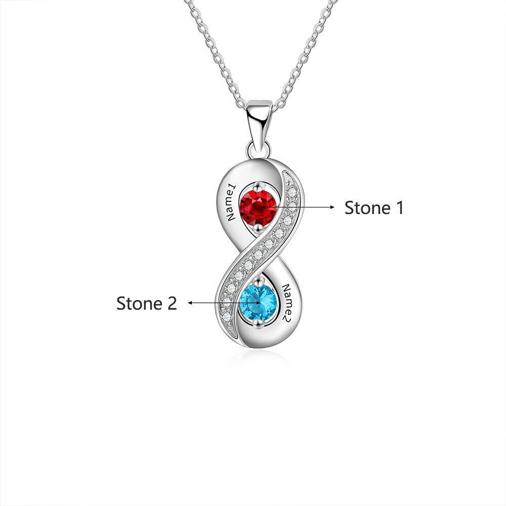 Personalised infinity necklace, 925 sterling silver, birthstone pendant, two names engraving, 45cm chain.