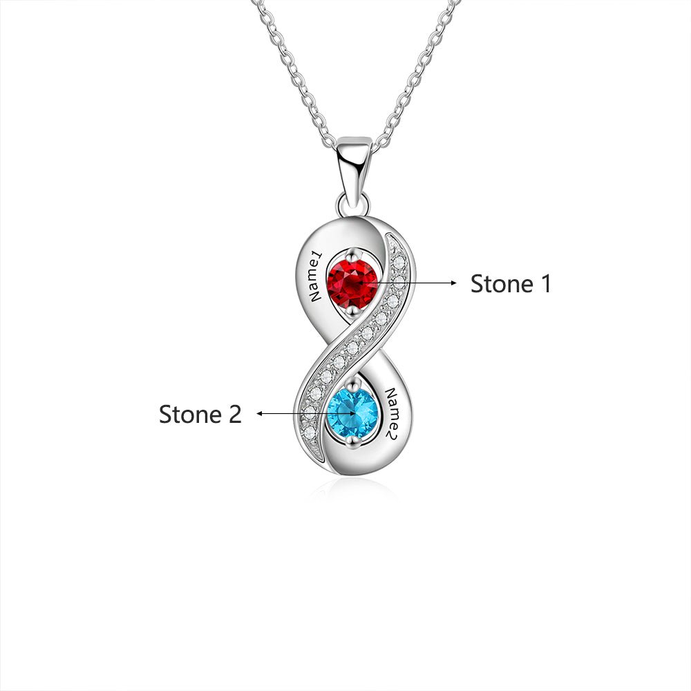 Infinity Necklace with Birthstones, Sterling Silver 925 Silver Personalised Two Names Pendant - Engraved Memories