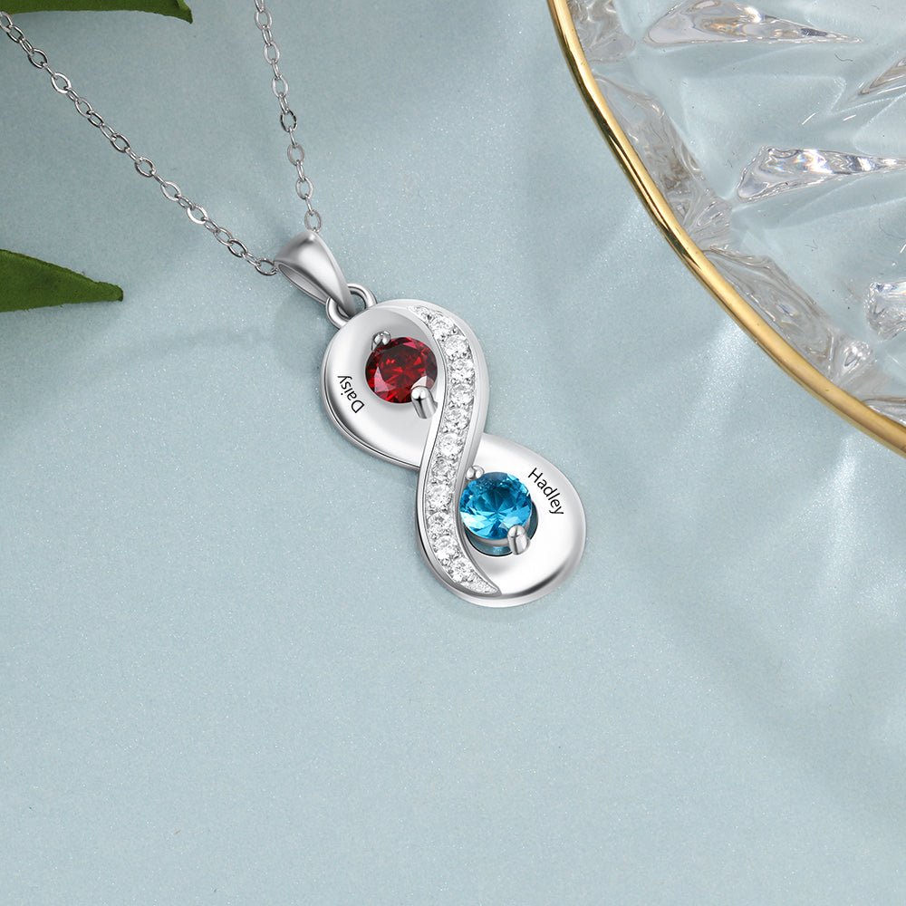 Personalised infinity necklace, 925 sterling silver, birthstone pendant, two names engraving, 45cm chain.