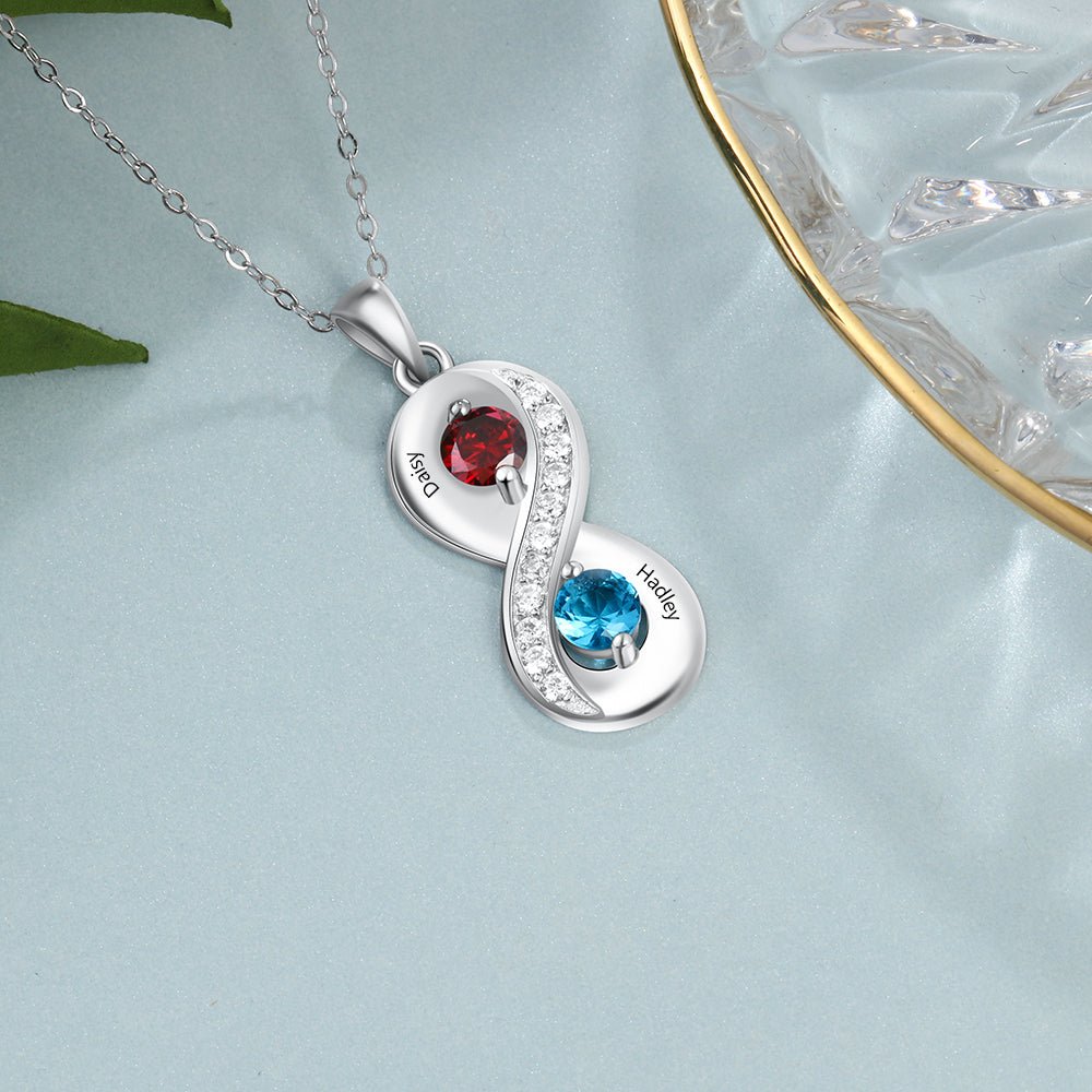 Infinity Necklace with Birthstones, Sterling Silver 925 Silver Personalised Two Names Pendant - Engraved Memories