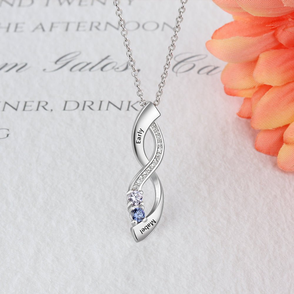 Personalised infinity pendant necklace, 925 sterling silver, birthstone design, 45cm chain, Mother's Day gift.
