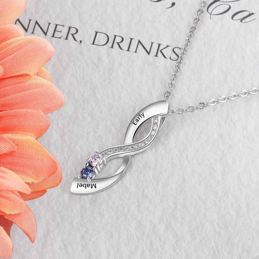 Personalised infinity pendant necklace, 925 sterling silver, birthstone design, 45cm chain, Mother's Day gift.